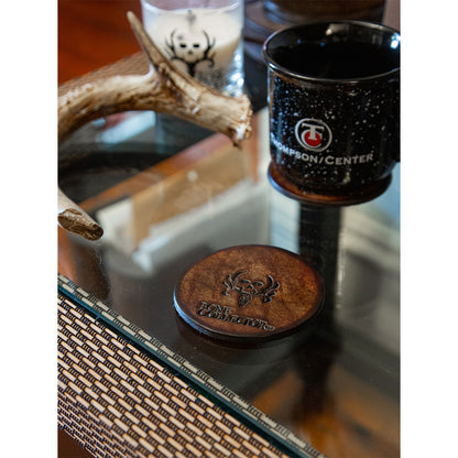 bc leather coasters on table