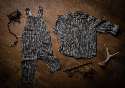 bc raskulls camo twill overalls and camo long sleeve button up shirt