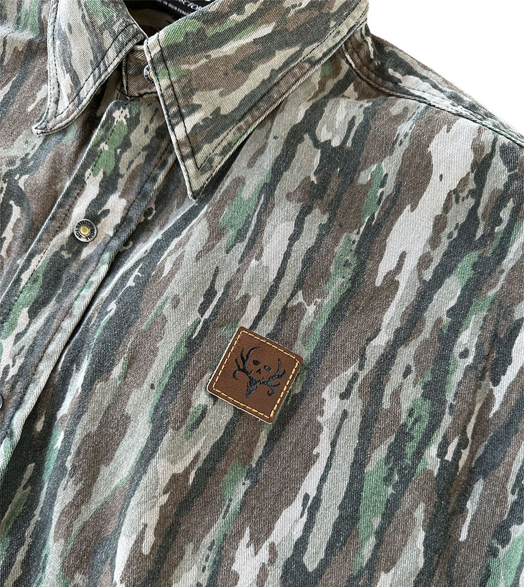 bc raskulls man-child adult twill button-up shirt leather patch