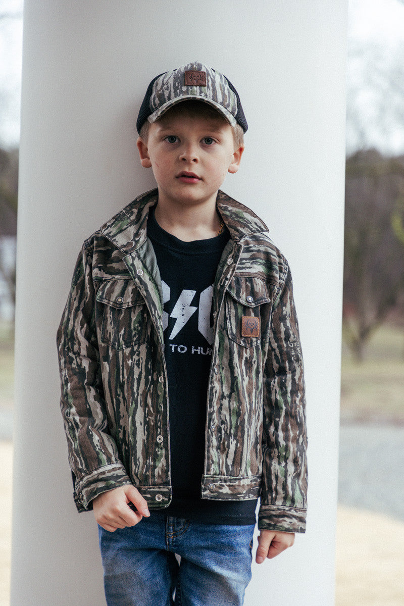 bc raskulls trappers quilted jacket, mesh youth cap and born to hunt tee outfit combination