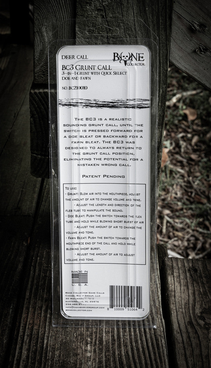 bone collector bc3 buck grunt call 3-in-1 Grunt with Quick Select Doe and Fawn packaging back