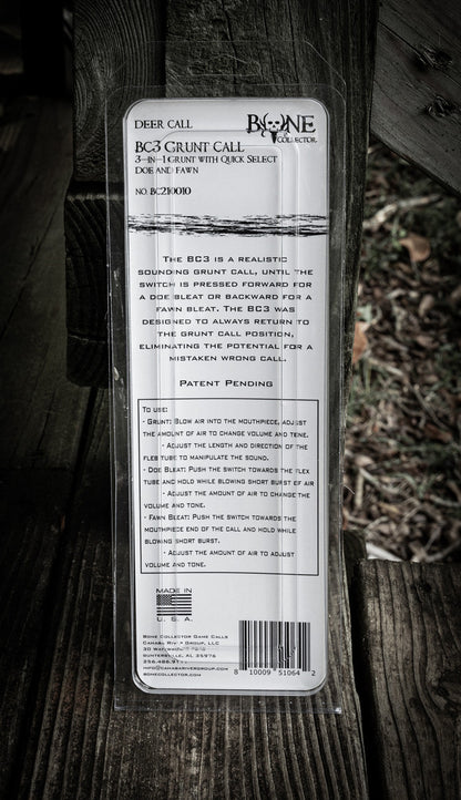 bone collector bc3 buck grunt call 3-in-1 Grunt with Quick Select Doe and Fawn packaging back