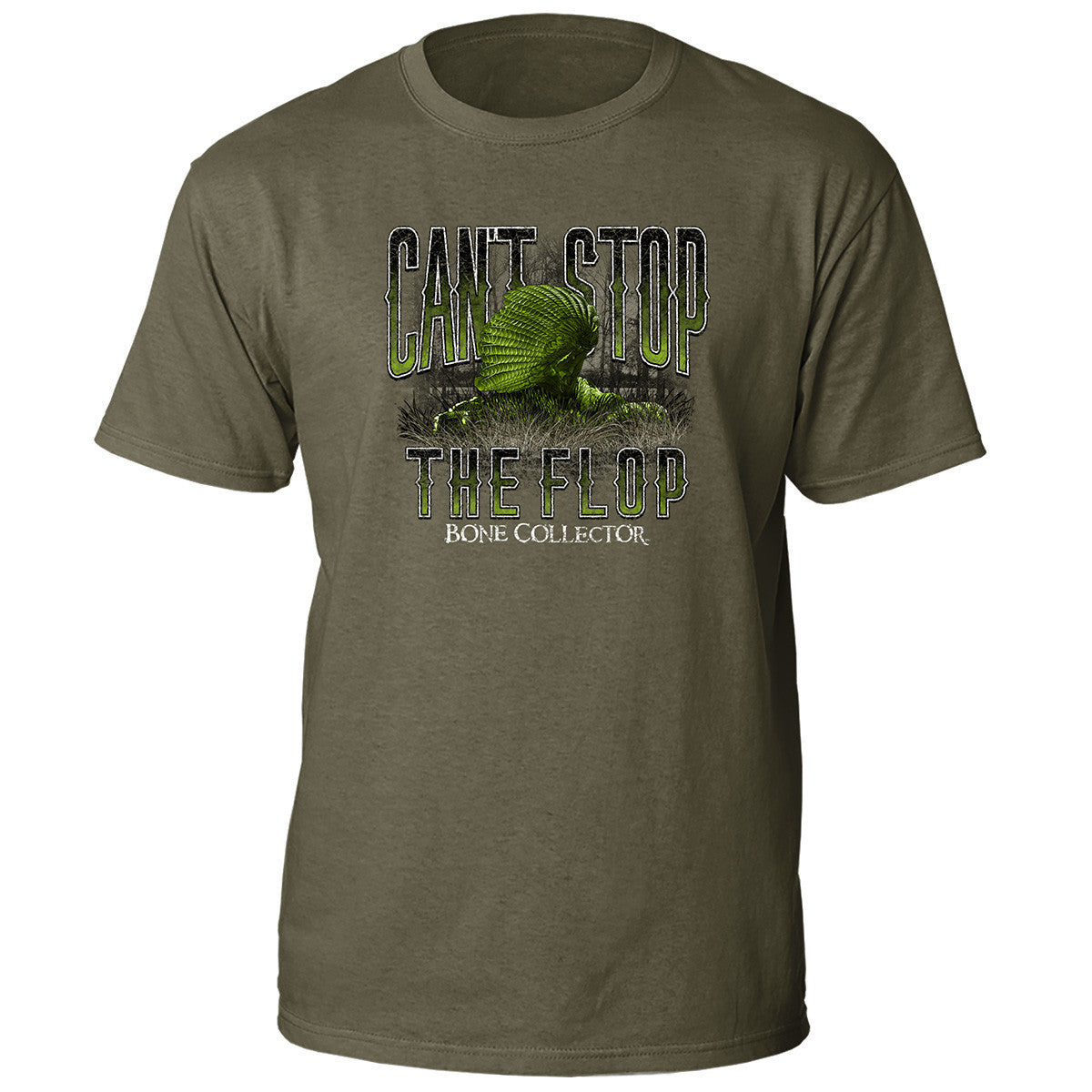 bone collector cant stop the flop cstf tee green flopped graphic front